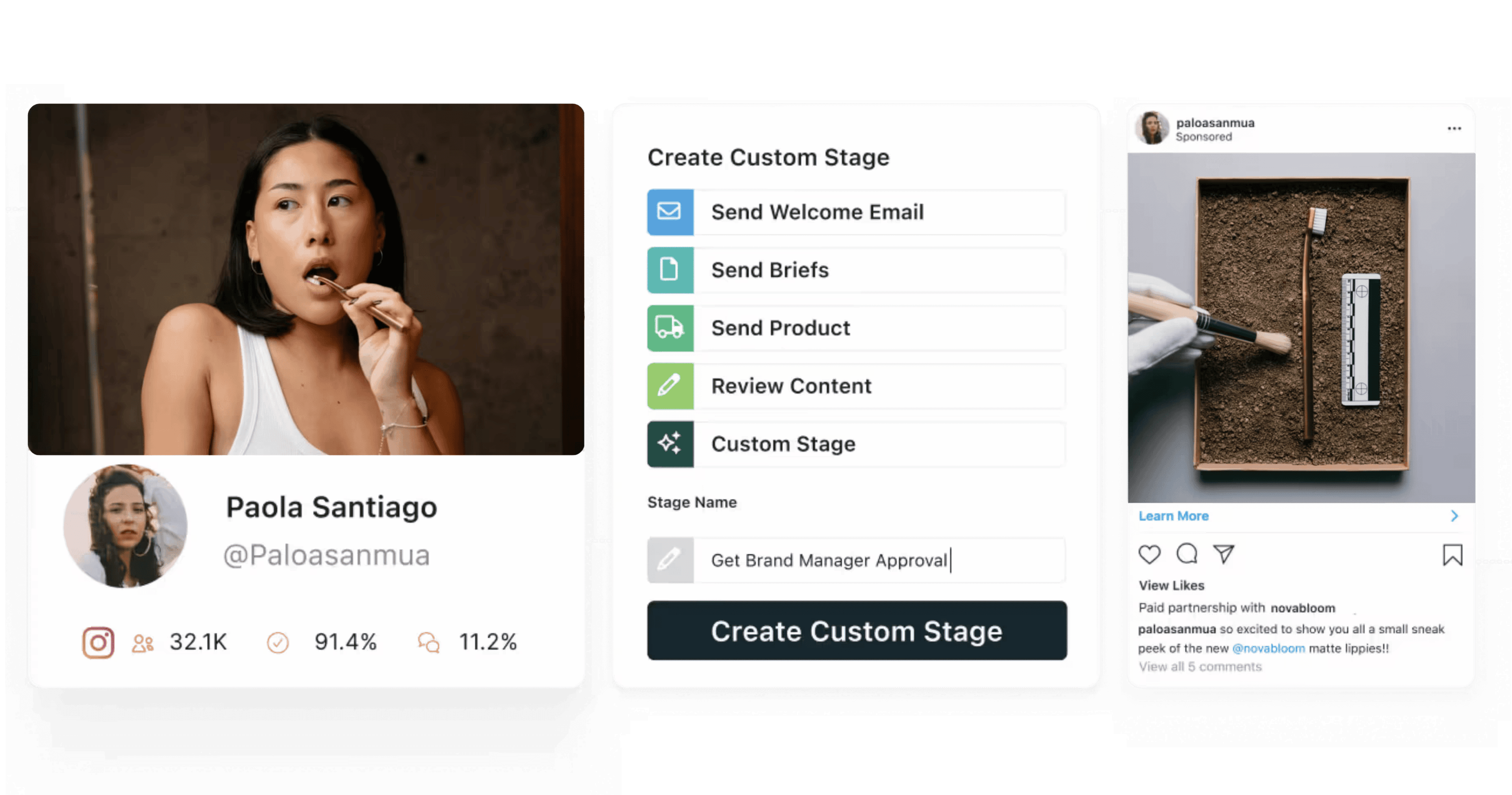 A composed image of a profile card, a custom stage creation screen, and an Instagram post of makeup products with engagement stats.
