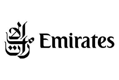 Stylized black-and-white Emirates logo featuring an abstract falcon and the word "Emirates" in elegant font.