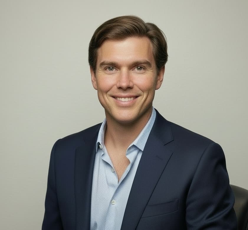 Smiling man in a dark suit and light blue shirt, sitting against a plain light gray background.