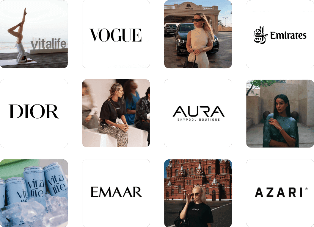 Collage of nine squares with brand logos like Dior, Vogue, Emirates, Emaar, VitaLife, Aura, Azari, and images of people in various settings.