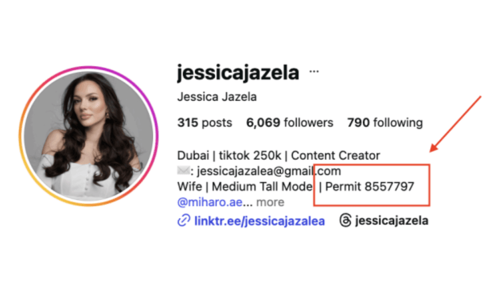 Profile of a content creator with follower details and contact info, featuring a portrait beside text indicating location, email, and permit number.
